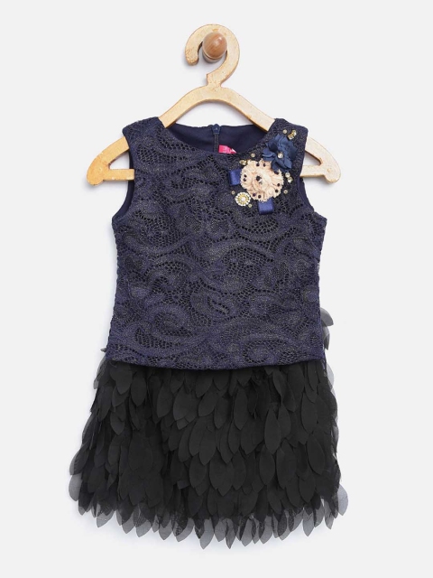 

Tiny Girl Navy Blue & Beige Self Design Top with Skirt