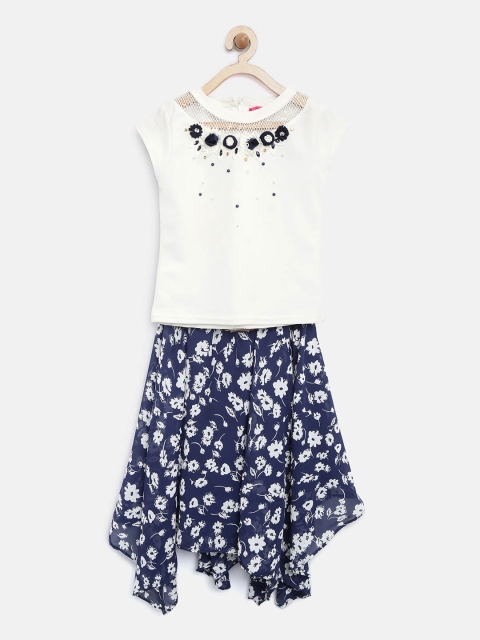 

Tiny Girl Girls Off-White & Navy Blue Embellished Top with Skirt