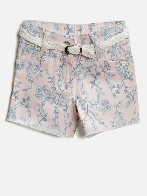 

Tiny Girl Peach-Coloured Floral Print Denim Shorts With Belt