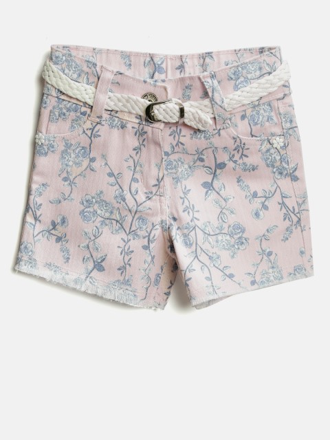

Tiny Girl Peach-Coloured Floral Print Denim Shorts With Belt