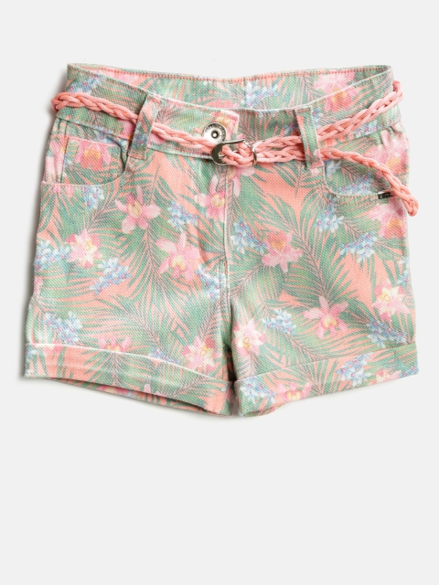 

Tiny Girl Green & Peach-Coloured Printed Shorts with Belt