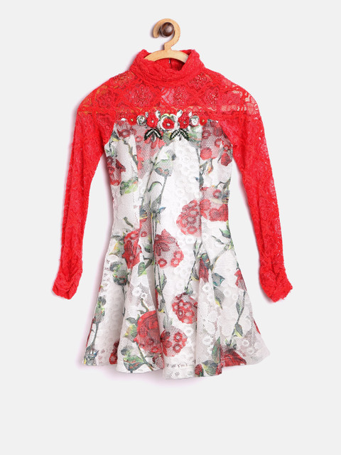 

Tiny Girl Off-White & Red Lace Floral Print A-Line Dress