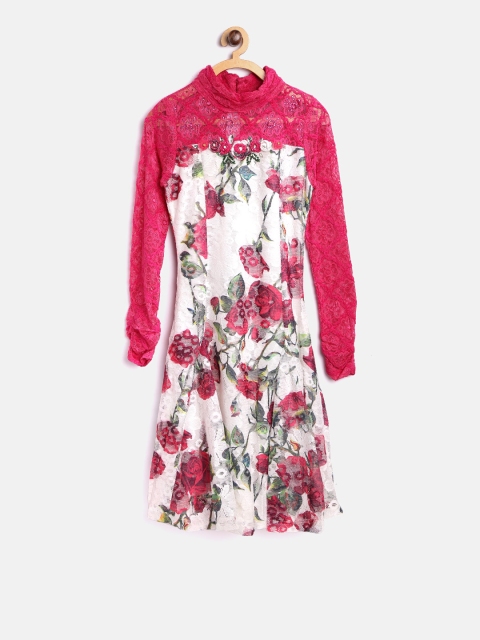 

Tiny Girl Off-White & Pink Lace Floral Print A-Line Dress