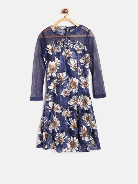 

Tiny Girl Girls Navy Blue Floral Print Lace A-Line Dress