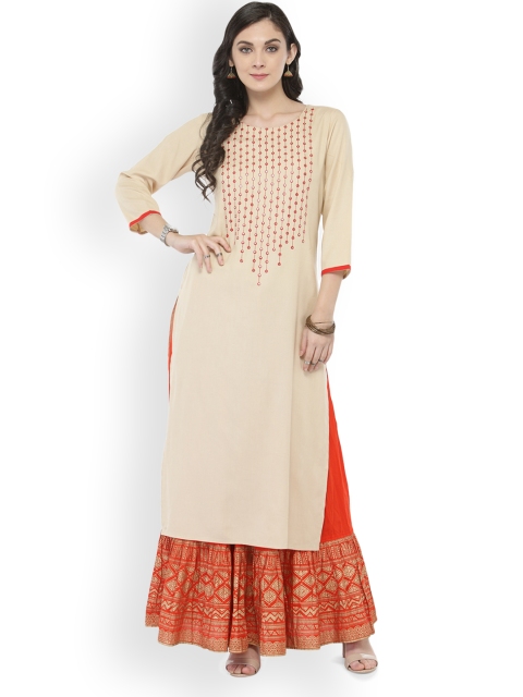 

Varanga Off-White Embellished Kurta With Orange Printed Skirt