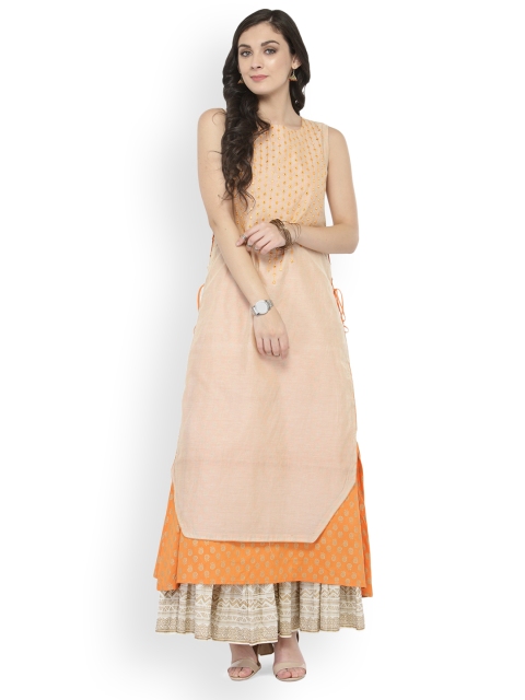 Varanga Off-White/Orange Embellished Kurta With Printed Skirt