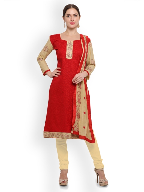 

Saree mall Red & Beige Cotton Blend Embroidered Unstitched Dress Material