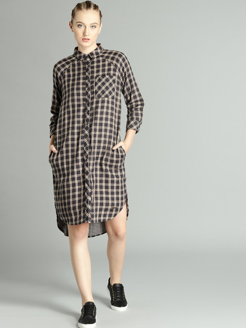 

Roadster Women Olive Brown & Beige Checked Shirt Dress