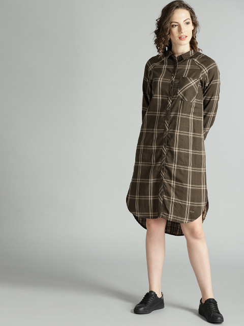 

Roadster Women Olive Brown & Beige Checked Shirt Dress