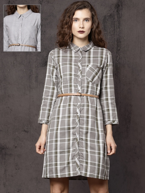 

Roadster Women Green & Grey Checked Reversible Shirt Dress