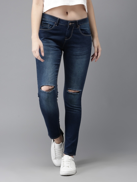 

HERE&NOW Women Blue Skinny Fit Mid-Rise Cropped Slash Knee Stretchable Jeans