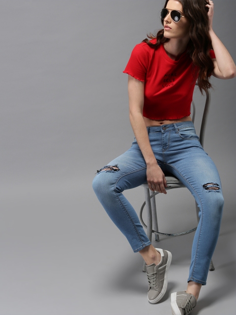 

HERE&NOW Women Blue Skinny Fit Mid-Rise Slash Knee Stretchable Cropped Jeans