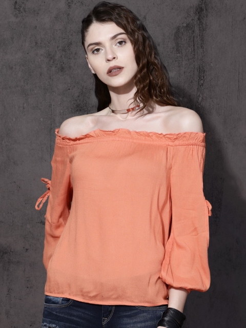 

Roadster Women Coral Orange Off-Shoulder Solid Top