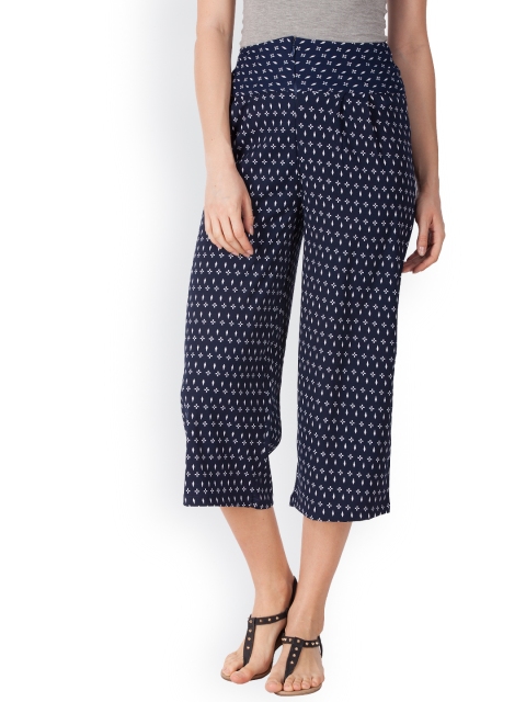 

Zink London Women Navy Blue Relaxed Printed Straight Fit Parallel Trousers