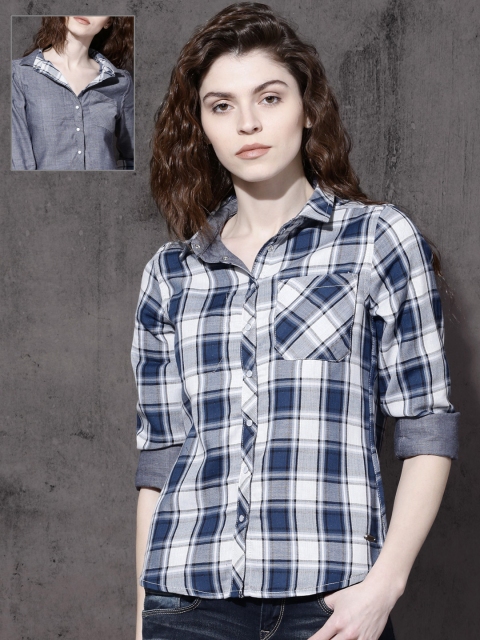 

Roadster Women Blue & White Regular Fit Checked Reversible Casual Shirt
