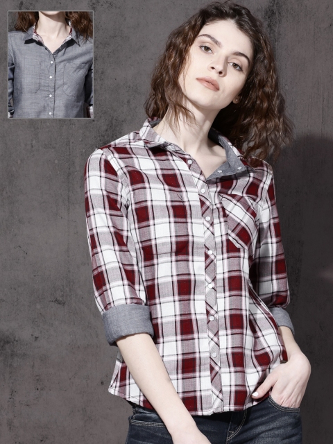 

Roadster Women Burgundy & White Regular Fit Checked Reversible Casual Shirt