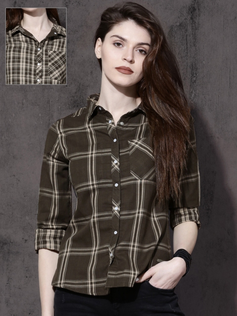 

Roadster Women Olive Green & Beige Reversible Checked Casual Shirt