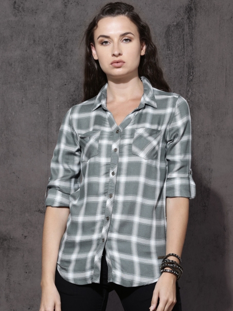 

Roadster Women Green & Off-White Slim Fit Checked Casual Shirt