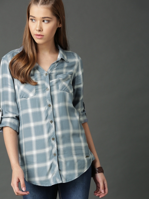 

Roadster Women Blue & Off-White Slim Fit Checked Casual Shirt