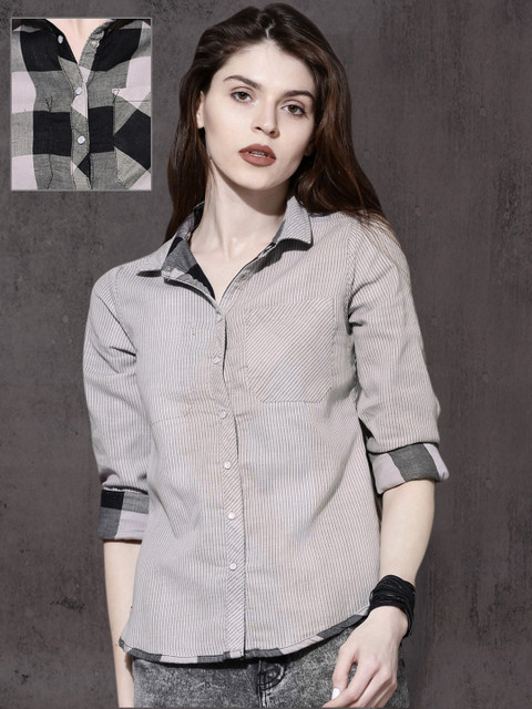 

Roadster Women Black & Grey Regular Fit Checked Reversible Casual Shirt