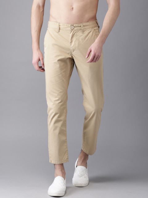 

HERE&NOW Men Beige Cropped Slim Fit Solid Regular Trousers