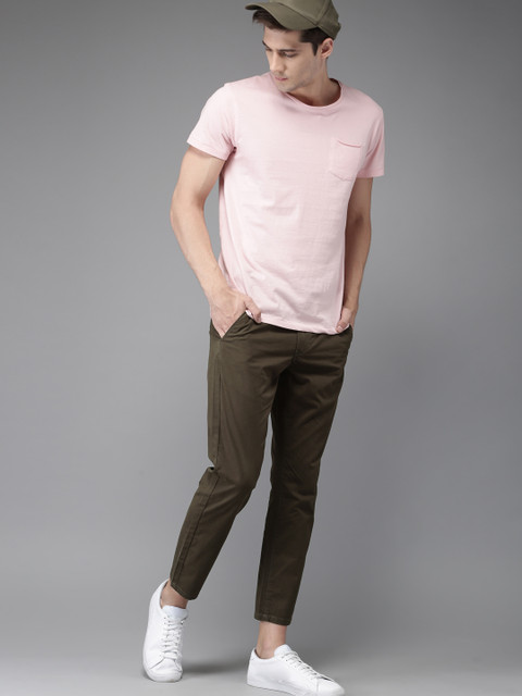 

HERE&NOW Men Olive Green Slim Fit Solid Cropped Chinos