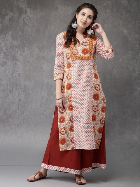 

Anouk Women White & Brown Printed Kurta with Trousers