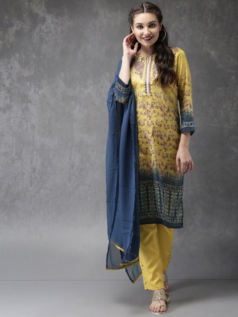 

Anouk Women Yellow & Blue Printed Kurta with Churidar & Dupatta