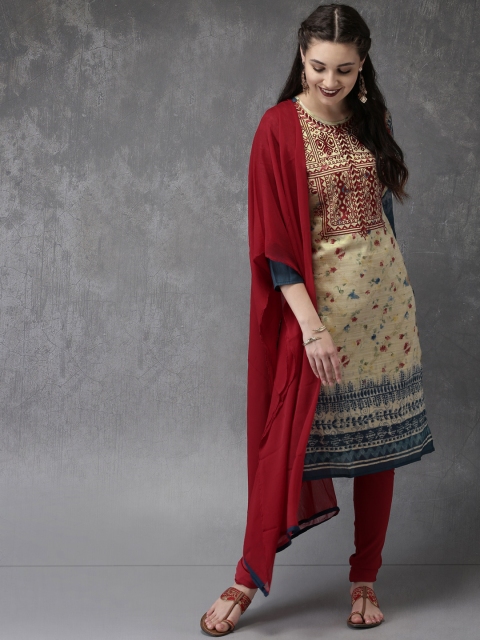 

Anouk Women Off-White & Maroon Printed & Embroidered Kurta with Churidar