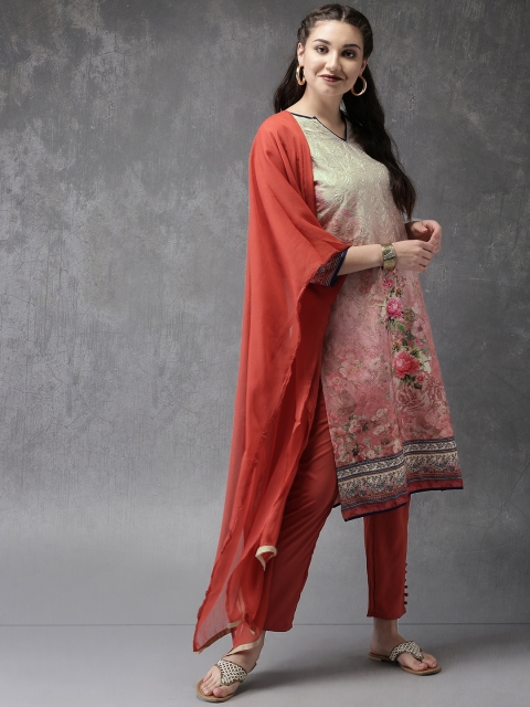 

Anouk Women Cream-Coloured & Rust Red Embroidered Kurta with Trousers & Dupatta
