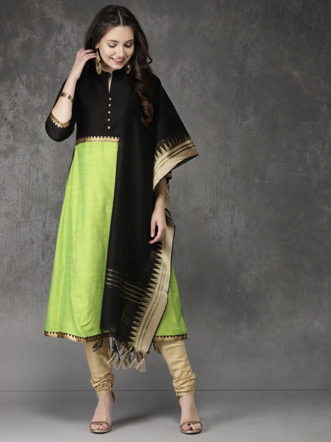 

Anouk Women Green & Black Colourblocked Kurta with Churidar & Dupatta