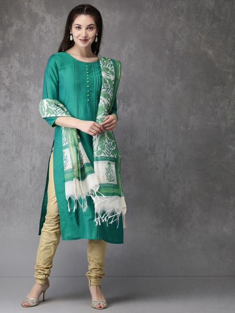 

Anouk Women Teal & Beige Solid Kurta with Churidar & Dupatta