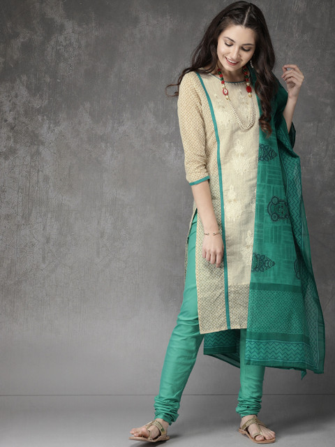 

Anouk Women Beige & Green Embroidered Kurta with Churidar & Dupatta