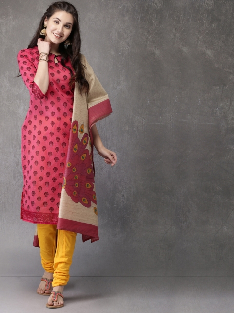 

Anouk Women Pink & Yellow Printed Kurta with Churidar & Dupatta