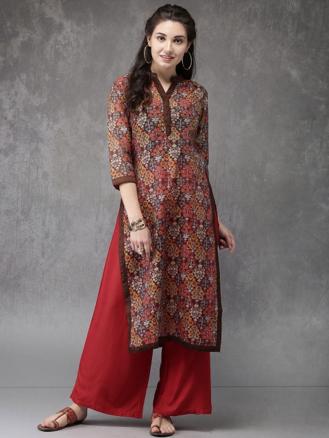 

Anouk Women Brown & Red Chanderi Blend Printed Kurta with Palazzos