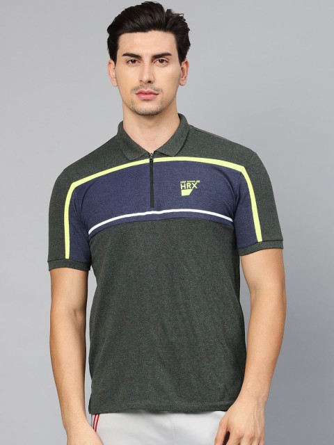 

HRX by Hrithik Roshan Men Grey Melange & Blue Colourblocked Polo Collar T-shirt