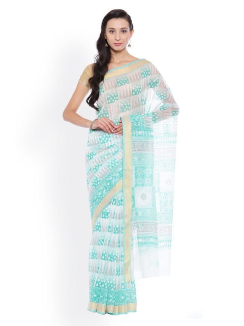 

Pavechas White & Sea Green Pure Cotton Printed Venkatgiri Saree