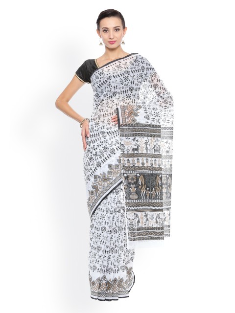 

Pavechas White & Black Pure Cotton Printed Venkatgiri Saree