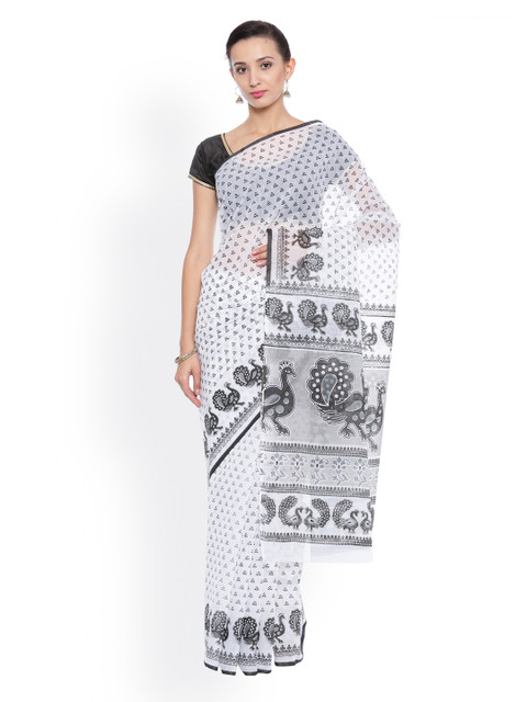 

Pavechas White & Grey Pure Cotton Printed Venkatgiri Saree