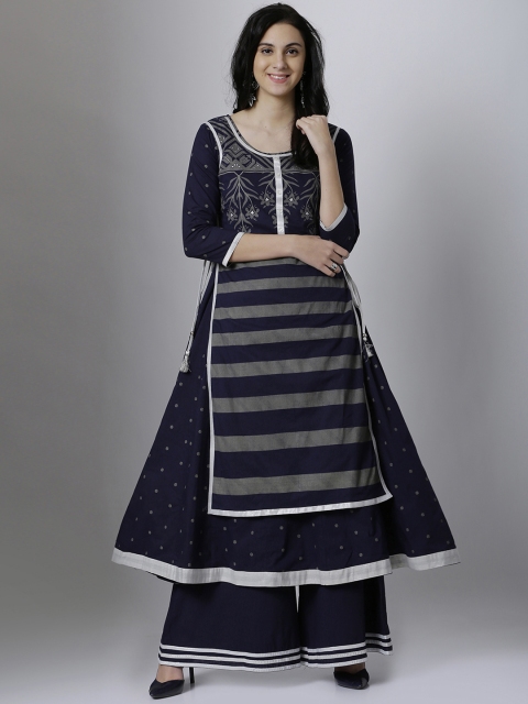 

Vishudh Women Navy Blue & Silver-Toned Printed Layered Kurta With Pallazo