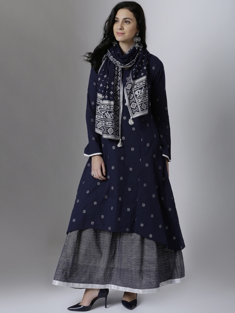 

Vishudh Women Navy Blue & Silver-Toned Printed Layered Kurta with Flared Skirt and Scarf