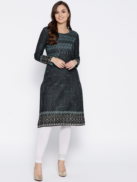 

Biba Women Navy Blue & Green Woven Design Straight Kurta