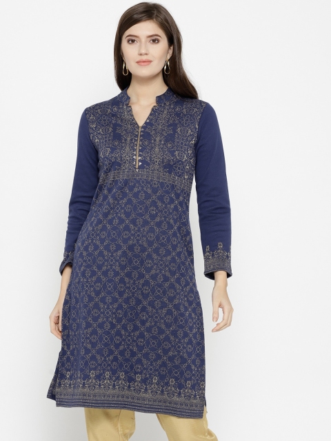 

Biba Women Navy Blue & Golden Woven Design Straight Kurta