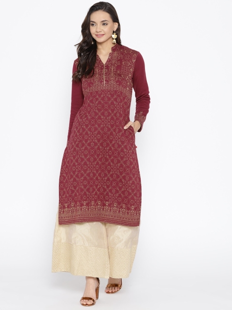 

Biba Women Maroon & Golden Woven Design Straight Kurta