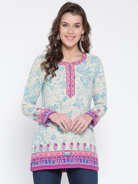 

Biba Women Beige & Blue Printed Crepe Kurti