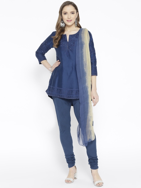 

Biba Women Navy Blue Embroidered Kurti with Churidar & Dupatta