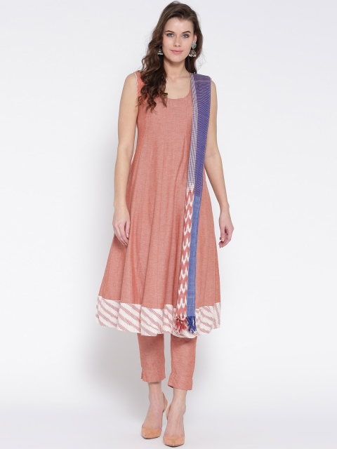

Biba Women Coral Orange Solid Kurta with Trousers & Dupatta
