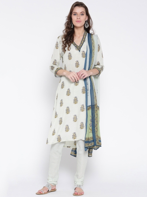 

Biba Women Off-White & Blue Printed Kurta with Churidar & Dupatta