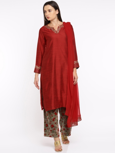 

Biba Women Red & Brown Solid Kurta with Palazzos & Dupatta