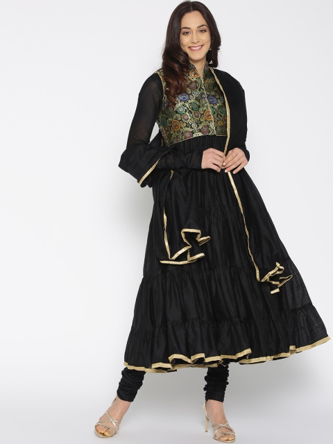 

Biba Women Black Solid Anarkali Kurta with Ethnic Jacket Churidar & Dupatta